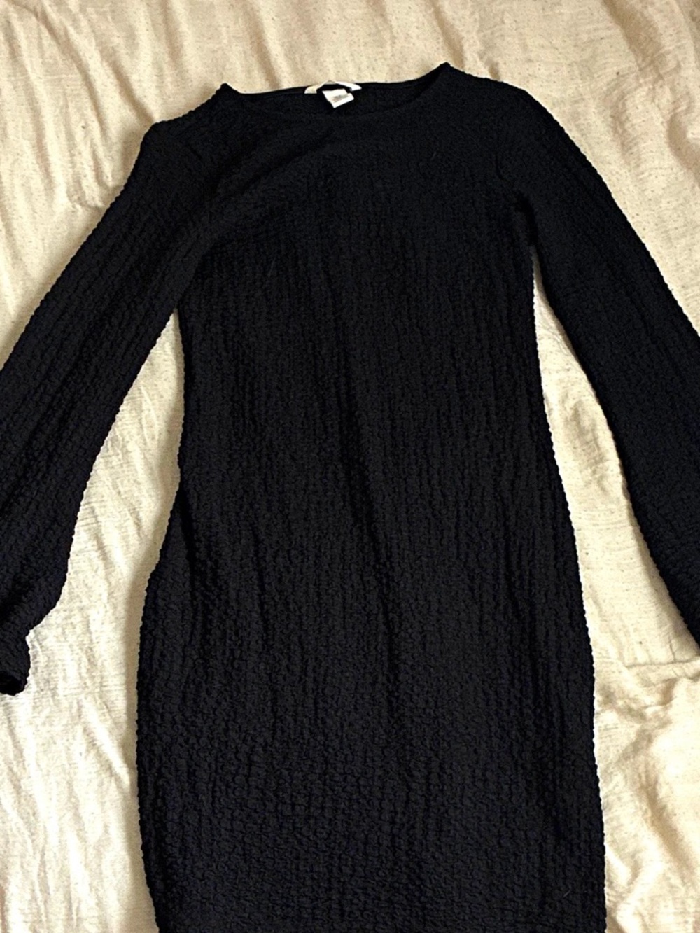 H&M Black Textured Long Sleeve Fitted Dress